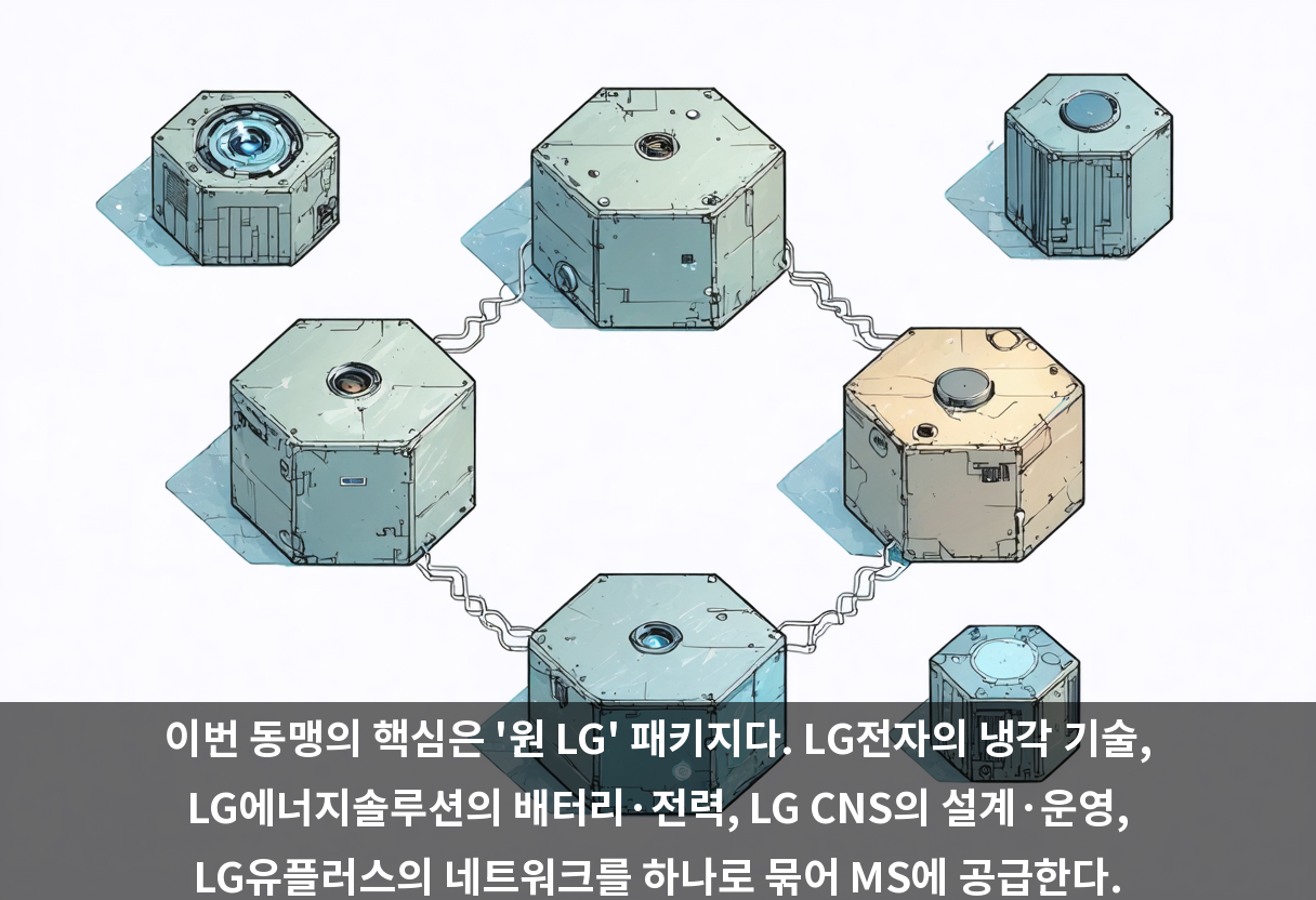 이번 동맹의 핵심은 '원 LG' 패키지다. LG전자의 냉각 기술, LG에너지솔루션의 배터리·전력, LG CNS의 설계·운영, LG유플러스의 네트워크를 하나로 묶어 MS에 공급한다.