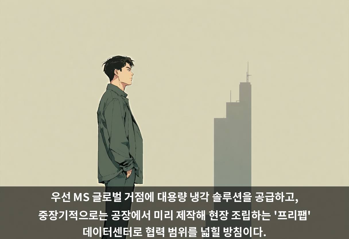 우선 MS 글로벌 거점에 대용량 냉각 솔루션을 공급하고, 중장기적으로는 공장에서 미리 제작해 현장 조립하는 '프리팹' 데이터센터로 협력 범위를 넓힐 방침이다.