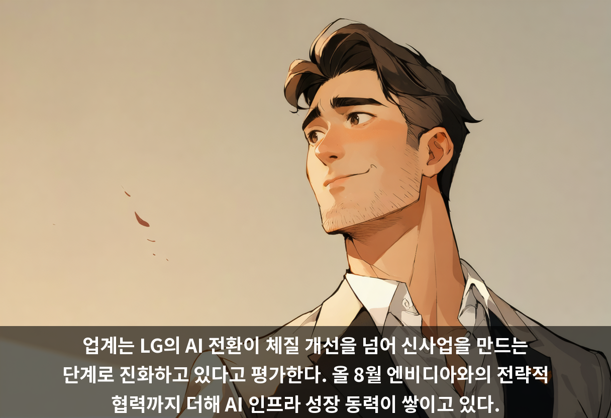 업계는 LG의 AI 전환이 체질 개선을 넘어 신사업을 만드는 단계로 진화하고 있다고 평가한다. 올 8월 엔비디아와의 전략적 협력까지 더해 AI 인프라 성장 동력이 쌓이고 있다.