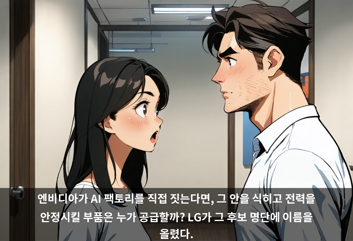 엔비디아가 AI 팩토리를 직접 짓는다면, 그 안을 식히고 전력을 안정시킬 부품은 누가 공급할까? LG가 그 후보 명단에 이름을 올렸다.