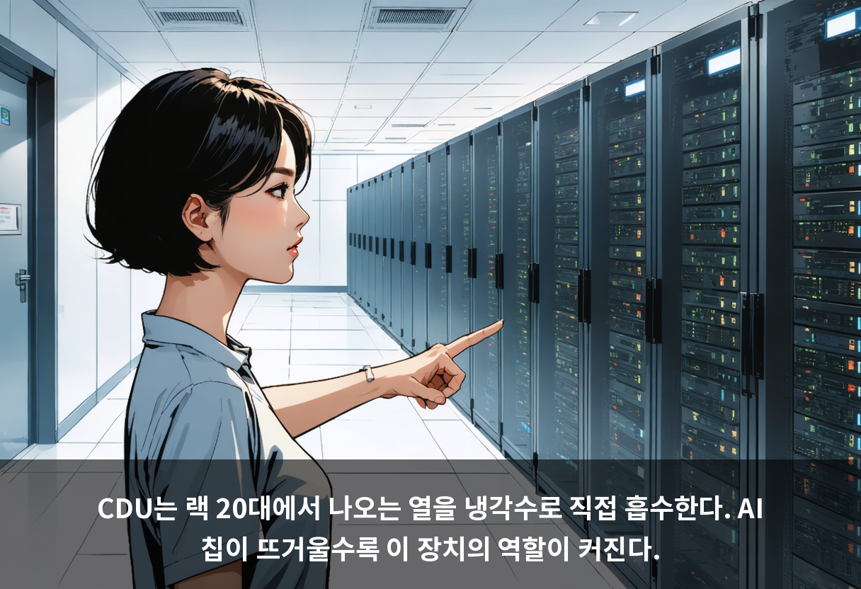 CDU는 랙 20대에서 나오는 열을 냉각수로 직접 흡수한다. AI 칩이 뜨거울수록 이 장치의 역할이 커진다.