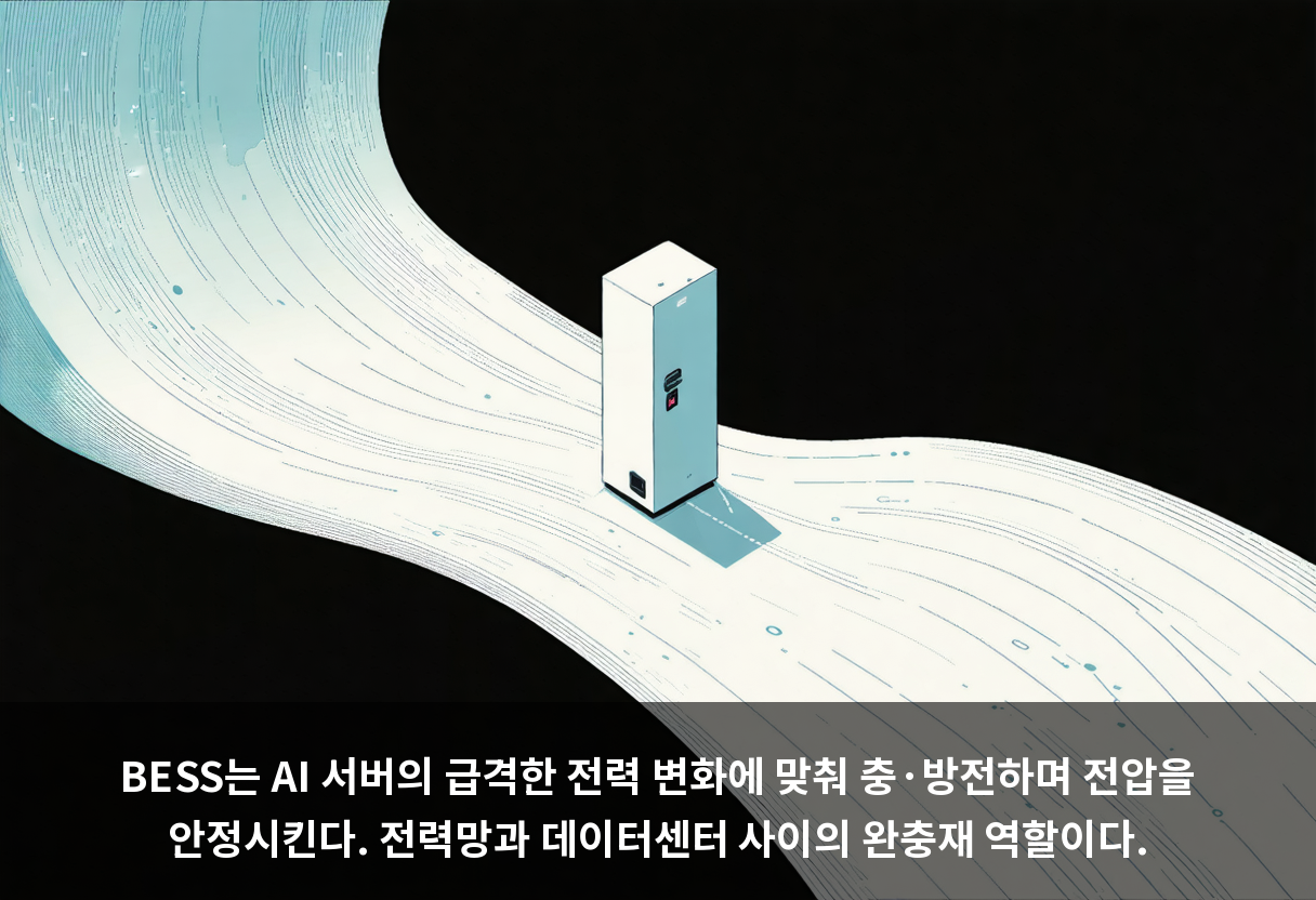 BESS는 AI 서버의 급격한 전력 변화에 맞춰 충·방전하며 전압을 안정시킨다. 전력망과 데이터센터 사이의 완충재 역할이다.