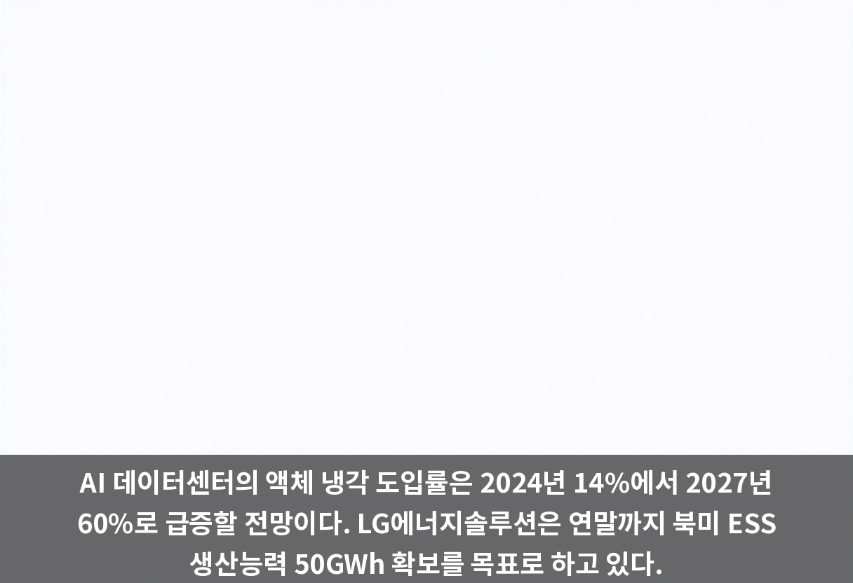 AI 데이터센터의 액체 냉각 도입률은 2024년 14%에서 2027년 60%로 급증할 전망이다. LG에너지솔루션은 연말까지 북미 ESS 생산능력 50GWh 확보를 목표로 하고 있다.