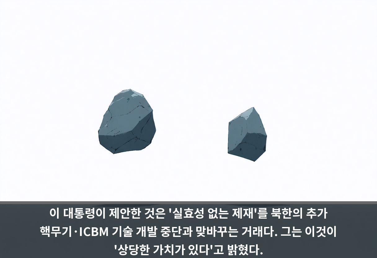 이 대통령이 제안한 것은 '실효성 없는 제재'를 북한의 추가 핵무기·ICBM 기술 개발 중단과 맞바꾸는 거래다. 그는 이것이 '상당한 가치가 있다'고 밝혔다.