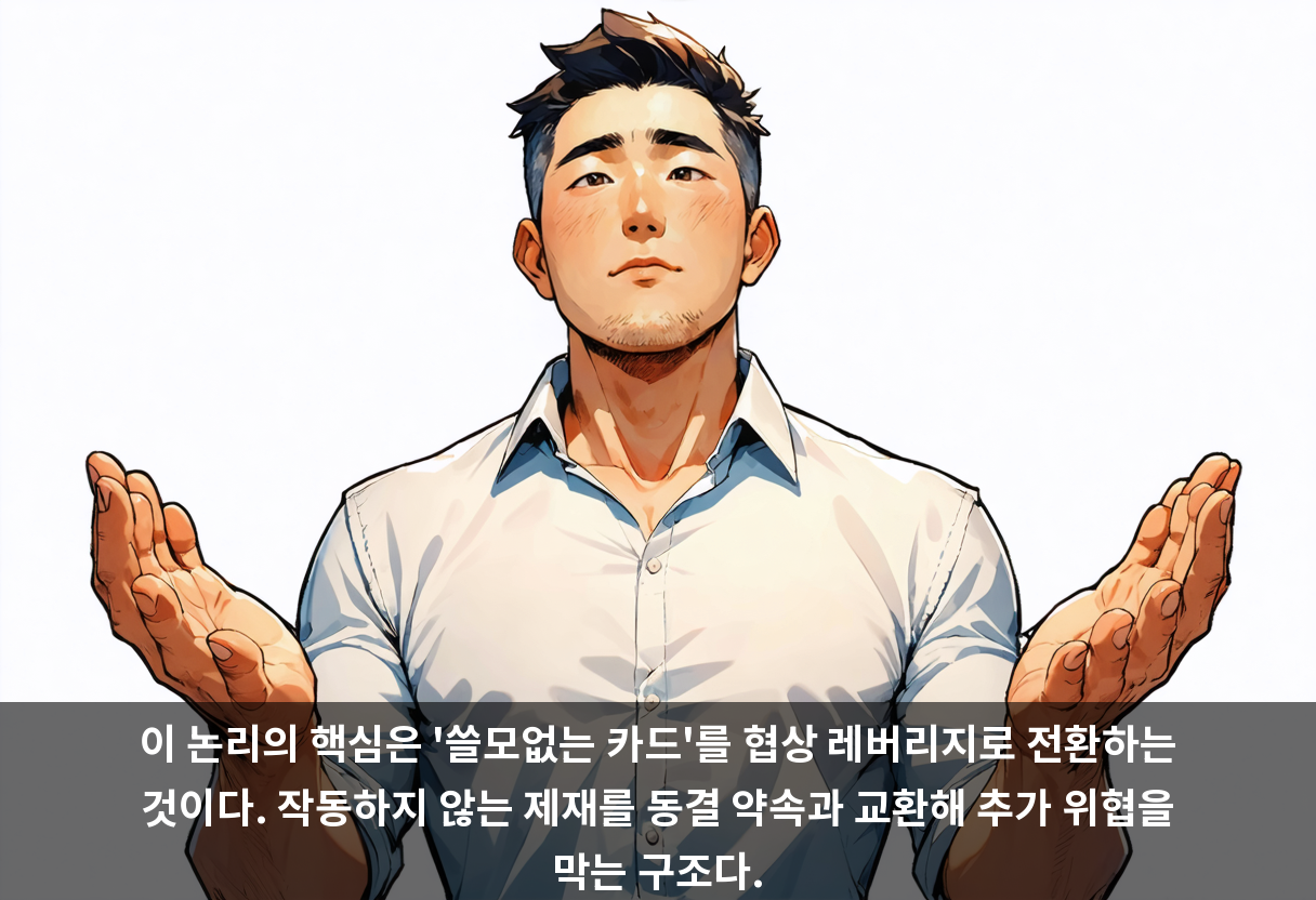 이 논리의 핵심은 '쓸모없는 카드'를 협상 레버리지로 전환하는 것이다. 작동하지 않는 제재를 동결 약속과 교환해 추가 위협을 막는 구조다.