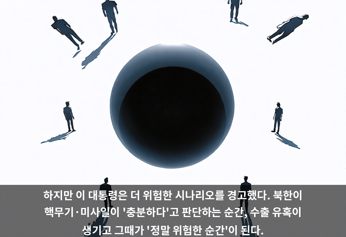 하지만 이 대통령은 더 위험한 시나리오를 경고했다. 북한이 핵무기·미사일이 '충분하다'고 판단하는 순간, 수출 유혹이 생기고 그때가 '정말 위험한 순간'이 된다.