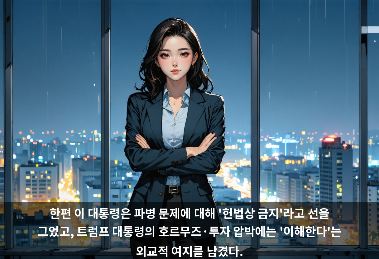 한편 이 대통령은 파병 문제에 대해 '헌법상 금지'라고 선을 그었고, 트럼프 대통령의 호르무즈·투자 압박에는 '이해한다'는 외교적 여지를 남겼다.