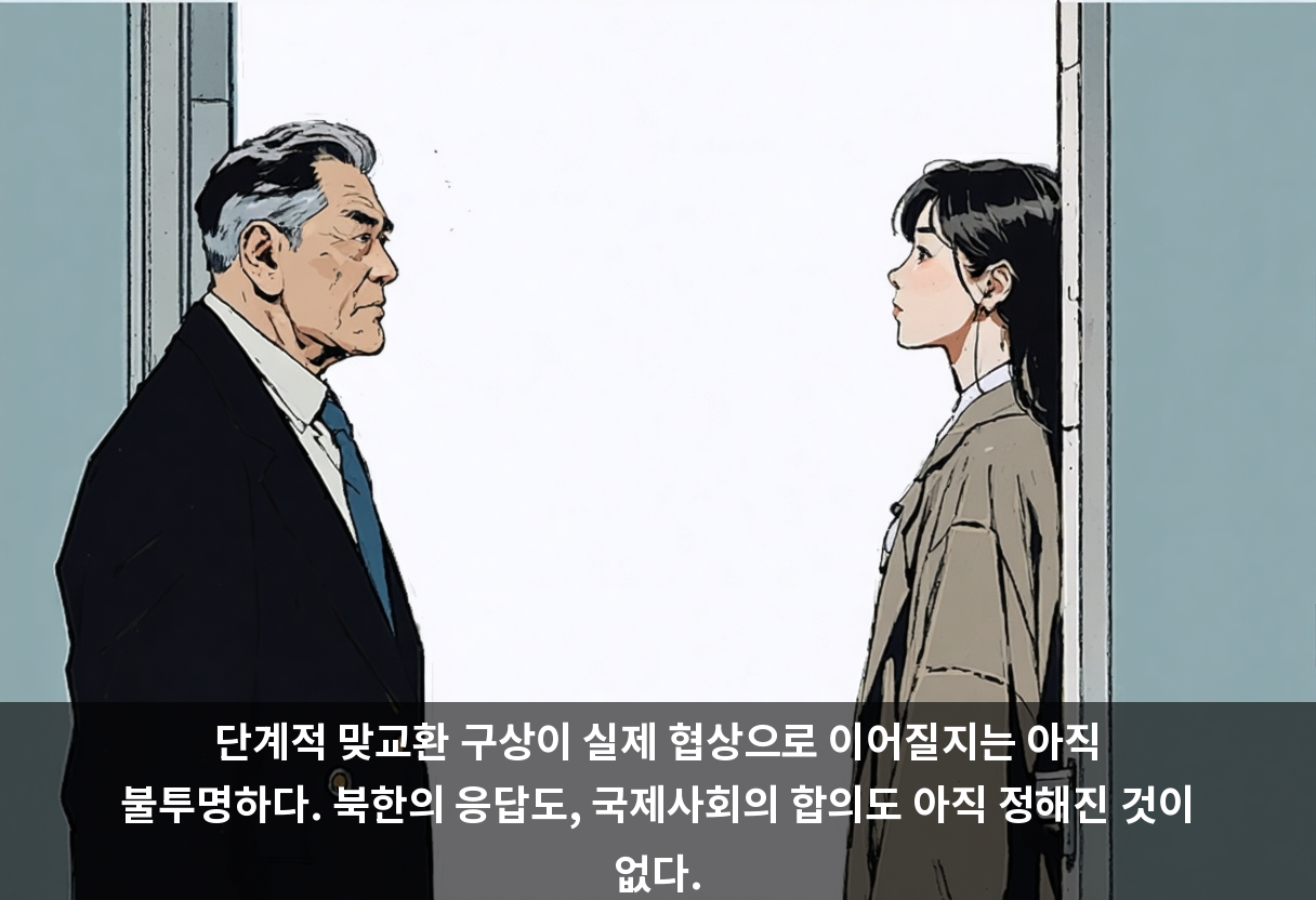 단계적 맞교환 구상이 실제 협상으로 이어질지는 아직 불투명하다. 북한의 응답도, 국제사회의 합의도 아직 정해진 것이 없다.