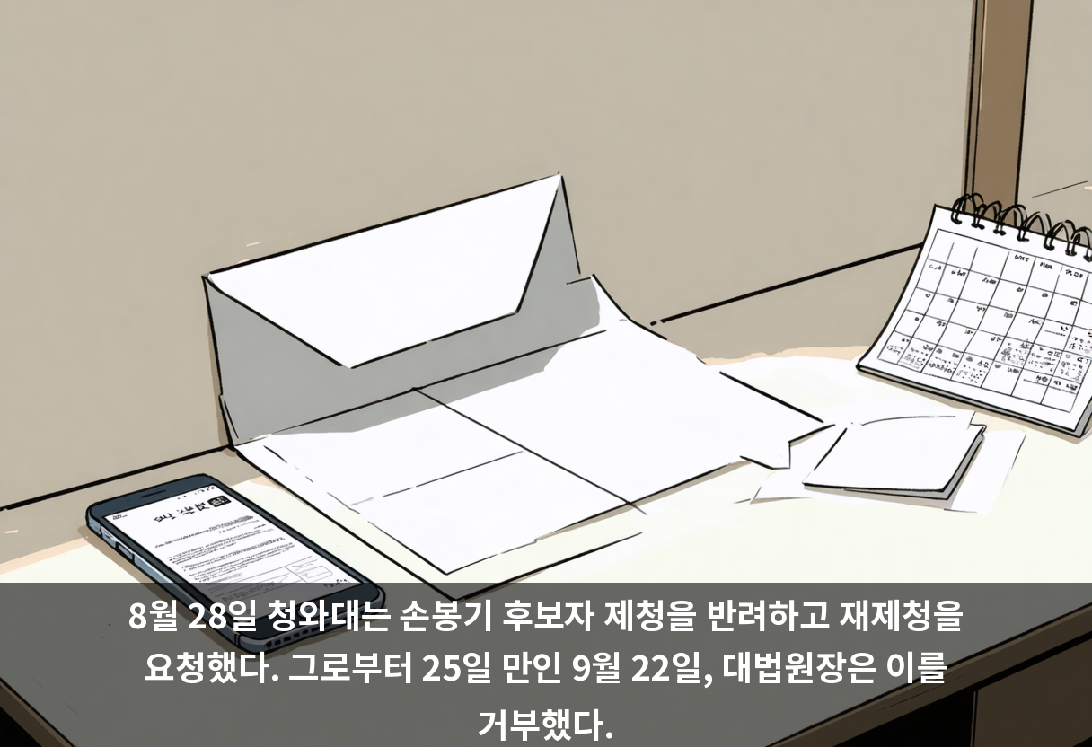 8월 28일 청와대는 손봉기 후보자 제청을 반려하고 재제청을 요청했다. 그로부터 25일 만인 9월 22일, 대법원장은 이를 거부했다.