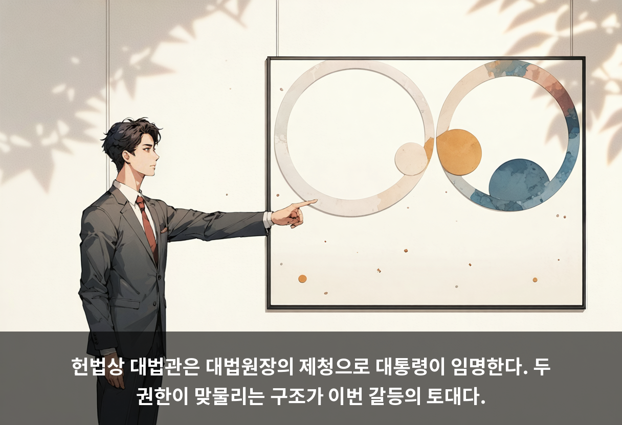 헌법상 대법관은 대법원장의 제청으로 대통령이 임명한다. 두 권한이 맞물리는 구조가 이번 갈등의 토대다.