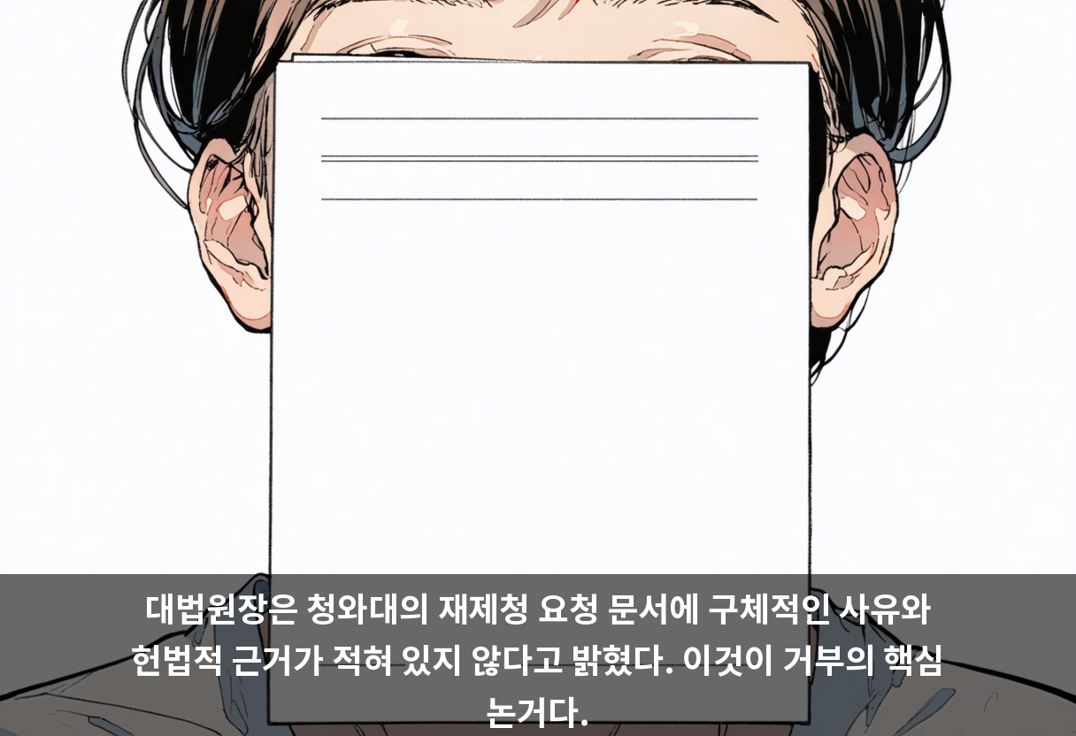 대법원장은 청와대의 재제청 요청 문서에 구체적인 사유와 헌법적 근거가 적혀 있지 않다고 밝혔다. 이것이 거부의 핵심 논거다.