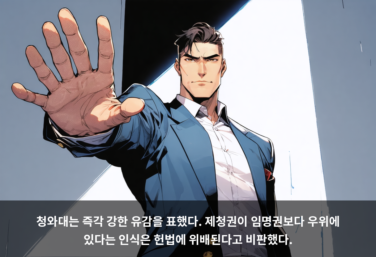 청와대는 즉각 강한 유감을 표했다. 제청권이 임명권보다 우위에 있다는 인식은 헌법에 위배된다고 비판했다.