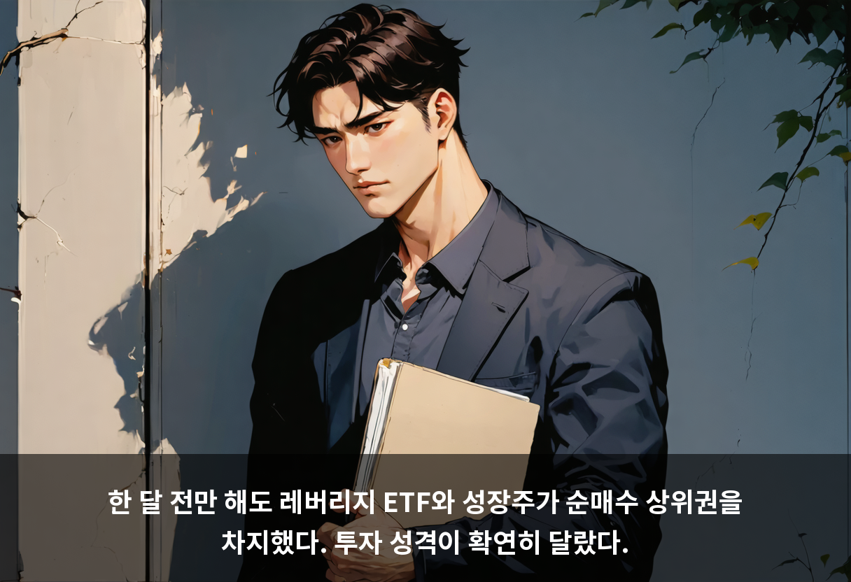 한 달 전만 해도 레버리지 ETF와 성장주가 순매수 상위권을 차지했다. 투자 성격이 확연히 달랐다.