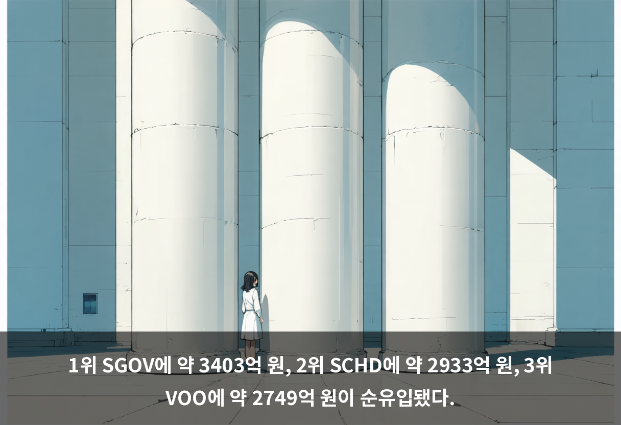 1위 SGOV에 약 3403억 원, 2위 SCHD에 약 2933억 원, 3위 VOO에 약 2749억 원이 순유입됐다.