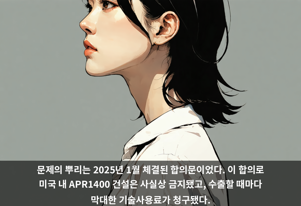 문제의 뿌리는 2025년 1월 체결된 합의문이었다. 이 합의로 미국 내 APR1400 건설은 사실상 금지됐고, 수출할 때마다 막대한 기술사용료가 청구됐다.