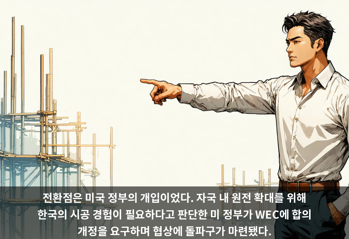전환점은 미국 정부의 개입이었다. 자국 내 원전 확대를 위해 한국의 시공 경험이 필요하다고 판단한 미 정부가 WEC에 합의 개정을 요구하며 협상에 돌파구가 마련됐다.