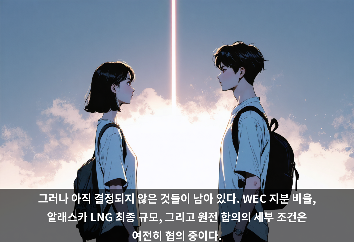 그러나 아직 결정되지 않은 것들이 남아 있다. WEC 지분 비율, 알래스카 LNG 최종 규모, 그리고 원전 합의의 세부 조건은 여전히 협의 중이다.