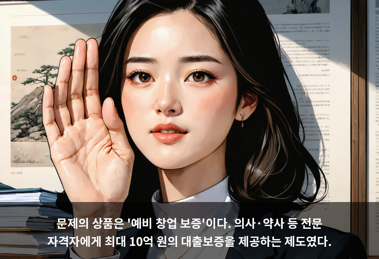문제의 상품은 '예비 창업 보증'이다. 의사·약사 등 전문 자격자에게 최대 10억 원의 대출보증을 제공하는 제도였다.