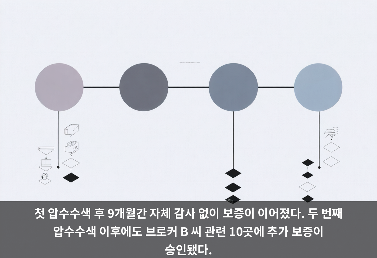 첫 압수수색 후 9개월간 자체 감사 없이 보증이 이어졌다. 두 번째 압수수색 이후에도 브로커 B 씨 관련 10곳에 추가 보증이 승인됐다.