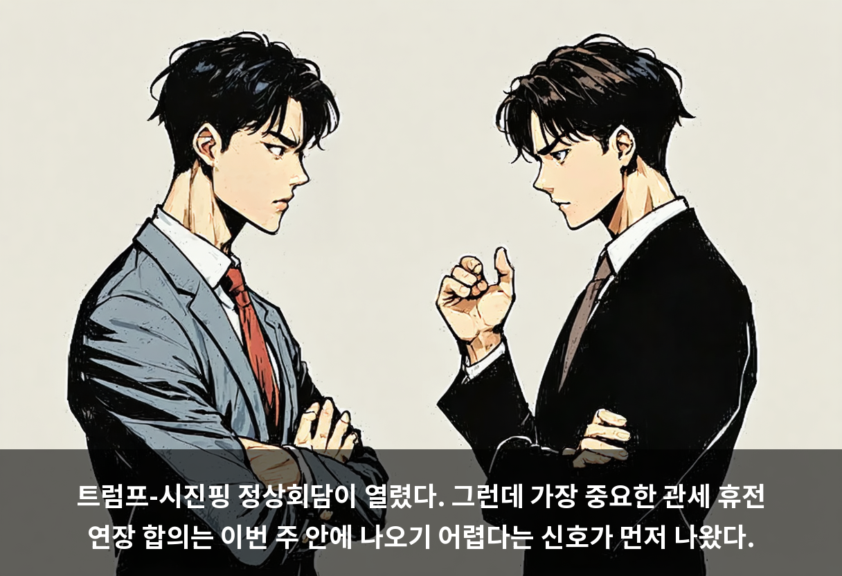 트럼프-시진핑 정상회담이 열렸다. 그런데 가장 중요한 관세 휴전 연장 합의는 이번 주 안에 나오기 어렵다는 신호가 먼저 나왔다.