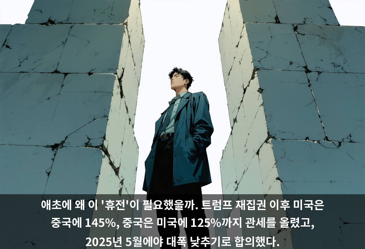 애초에 왜 이 '휴전'이 필요했을까. 트럼프 재집권 이후 미국은 중국에 145%, 중국은 미국에 125%까지 관세를 올렸고, 2025년 5월에야 대폭 낮추기로 합의했다.