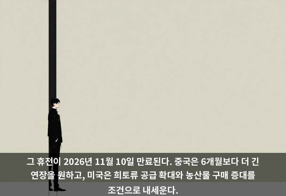 그 휴전이 2026년 11월 10일 만료된다. 중국은 6개월보다 더 긴 연장을 원하고, 미국은 희토류 공급 확대와 농산물 구매 증대를 조건으로 내세운다.
