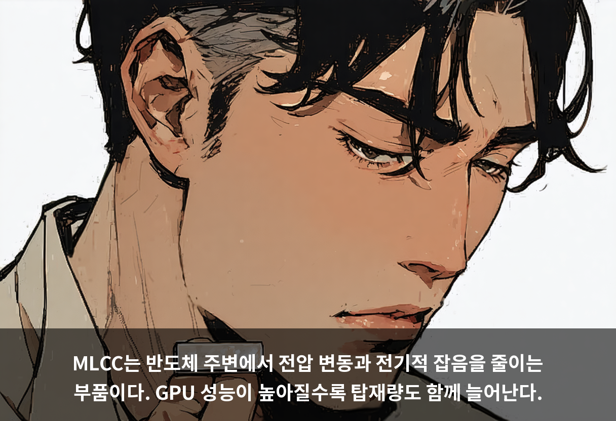MLCC는 반도체 주변에서 전압 변동과 전기적 잡음을 줄이는 부품이다. GPU 성능이 높아질수록 탑재량도 함께 늘어난다.