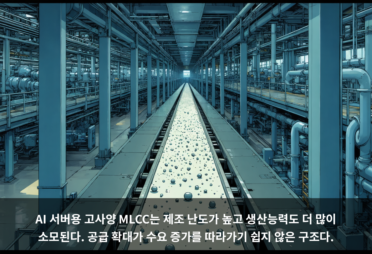 AI 서버용 고사양 MLCC는 제조 난도가 높고 생산능력도 더 많이 소모된다. 공급 확대가 수요 증가를 따라가기 쉽지 않은 구조다.
