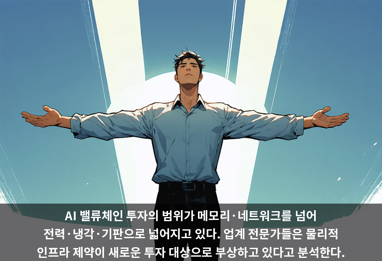 AI 밸류체인 투자의 범위가 메모리·네트워크를 넘어 전력·냉각·기판으로 넓어지고 있다. 업계 전문가들은 물리적 인프라 제약이 새로운 투자 대상으로 부상하고 있다고 분석한다.