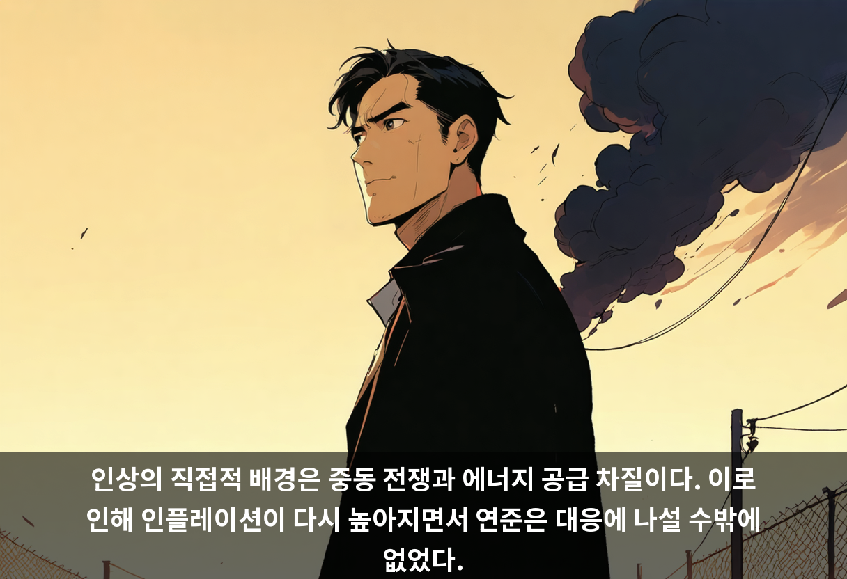 인상의 직접적 배경은 중동 전쟁과 에너지 공급 차질이다. 이로 인해 인플레이션이 다시 높아지면서 연준은 대응에 나설 수밖에 없었다.