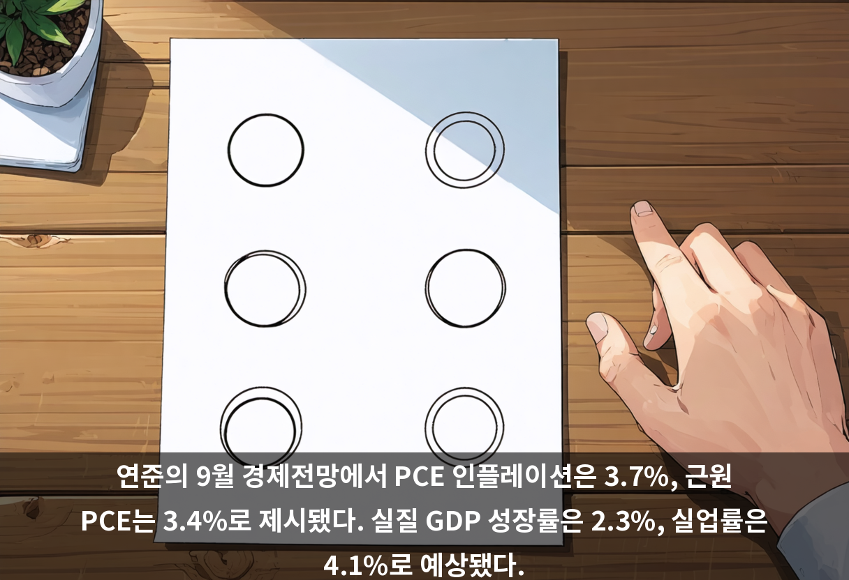연준의 9월 경제전망에서 PCE 인플레이션은 3.7%, 근원 PCE는 3.4%로 제시됐다. 실질 GDP 성장률은 2.3%, 실업률은 4.1%로 예상됐다.