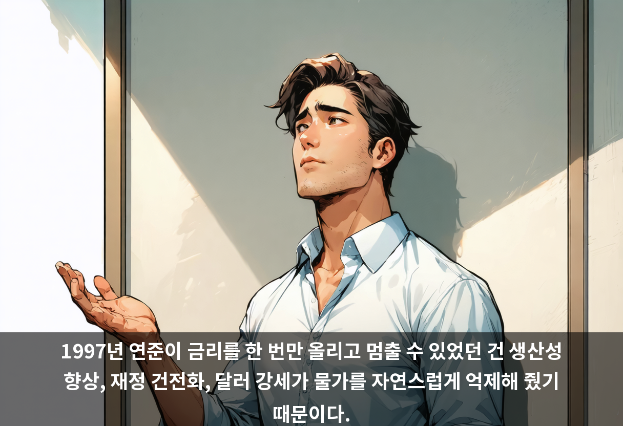 1997년 연준이 금리를 한 번만 올리고 멈출 수 있었던 건 생산성 향상, 재정 건전화, 달러 강세가 물가를 자연스럽게 억제해 줬기 때문이다.