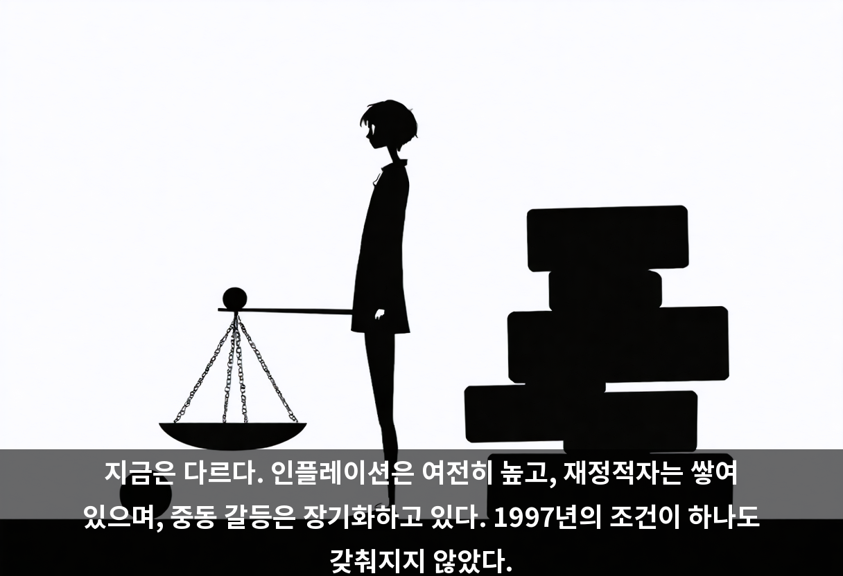 지금은 다르다. 인플레이션은 여전히 높고, 재정적자는 쌓여 있으며, 중동 갈등은 장기화하고 있다. 1997년의 조건이 하나도 갖춰지지 않았다.