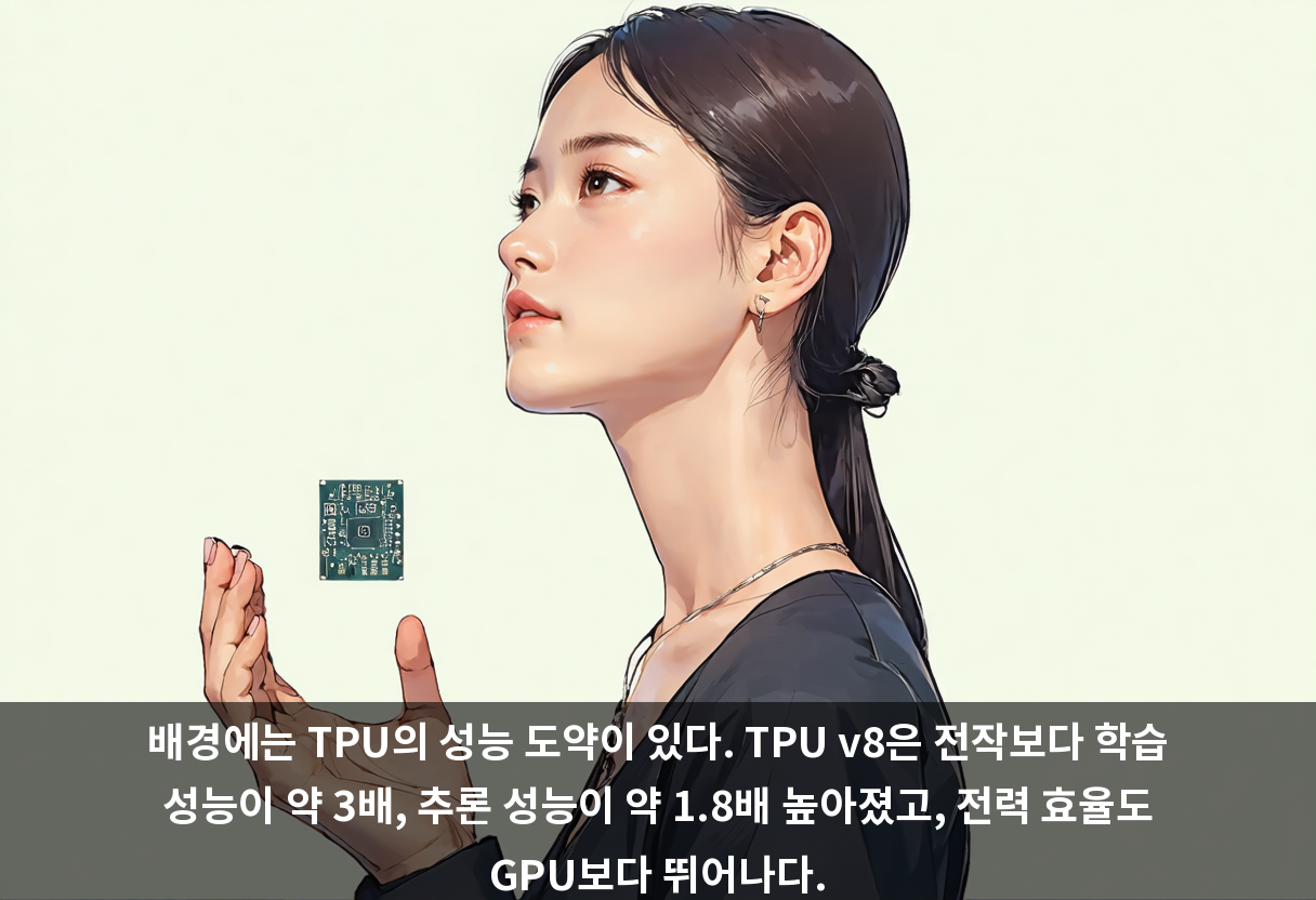 배경에는 TPU의 성능 도약이 있다. TPU v8은 전작보다 학습 성능이 약 3배, 추론 성능이 약 1.8배 높아졌고, 전력 효율도 GPU보다 뛰어나다.