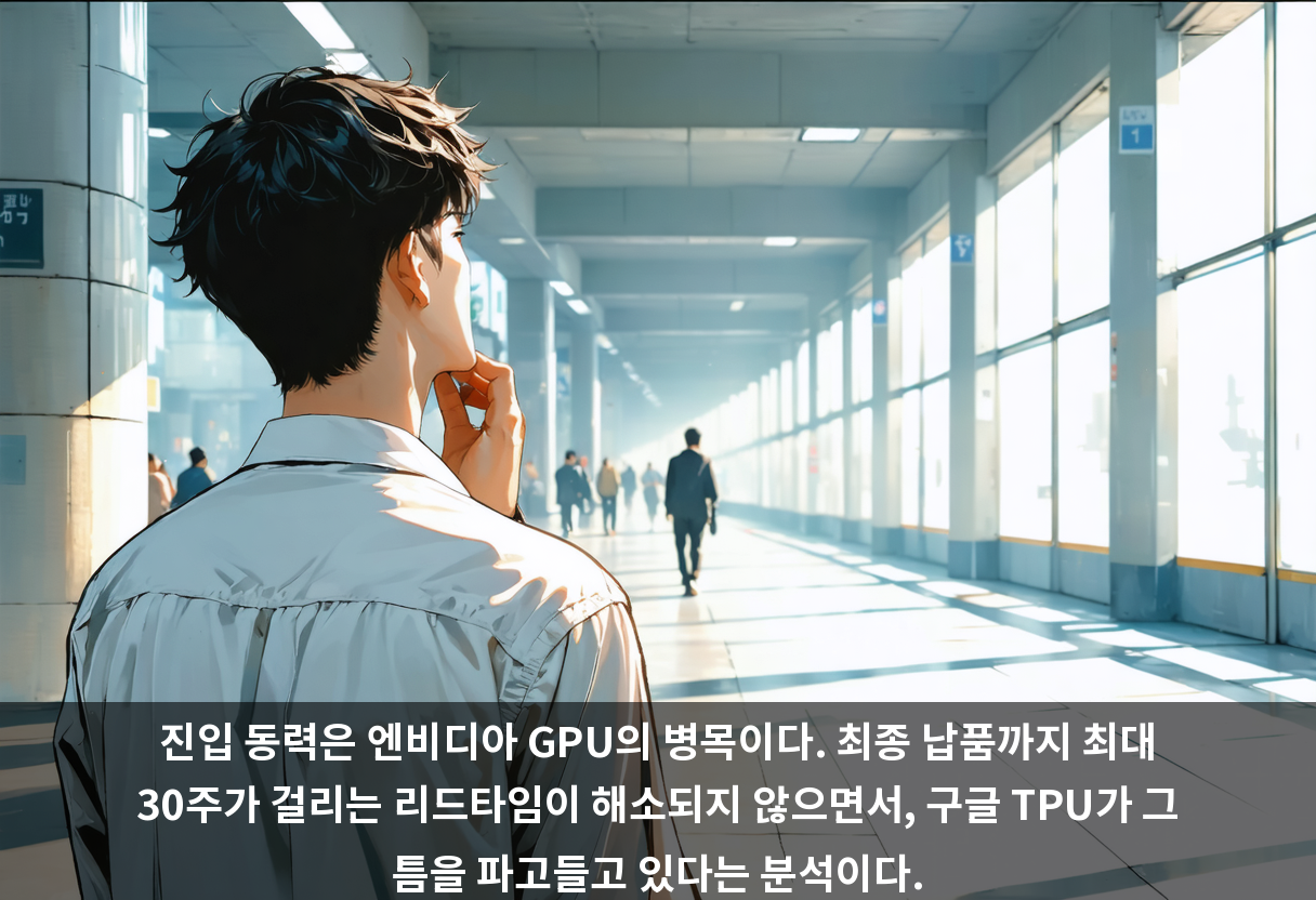 진입 동력은 엔비디아 GPU의 병목이다. 최종 납품까지 최대 30주가 걸리는 리드타임이 해소되지 않으면서, 구글 TPU가 그 틈을 파고들고 있다는 분석이다.