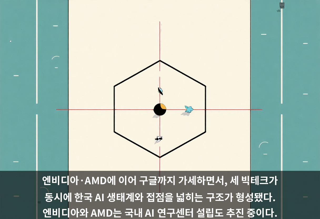 엔비디아·AMD에 이어 구글까지 가세하면서, 세 빅테크가 동시에 한국 AI 생태계와 접점을 넓히는 구조가 형성됐다. 엔비디아와 AMD는 국내 AI 연구센터 설립도 추진 중이다.
