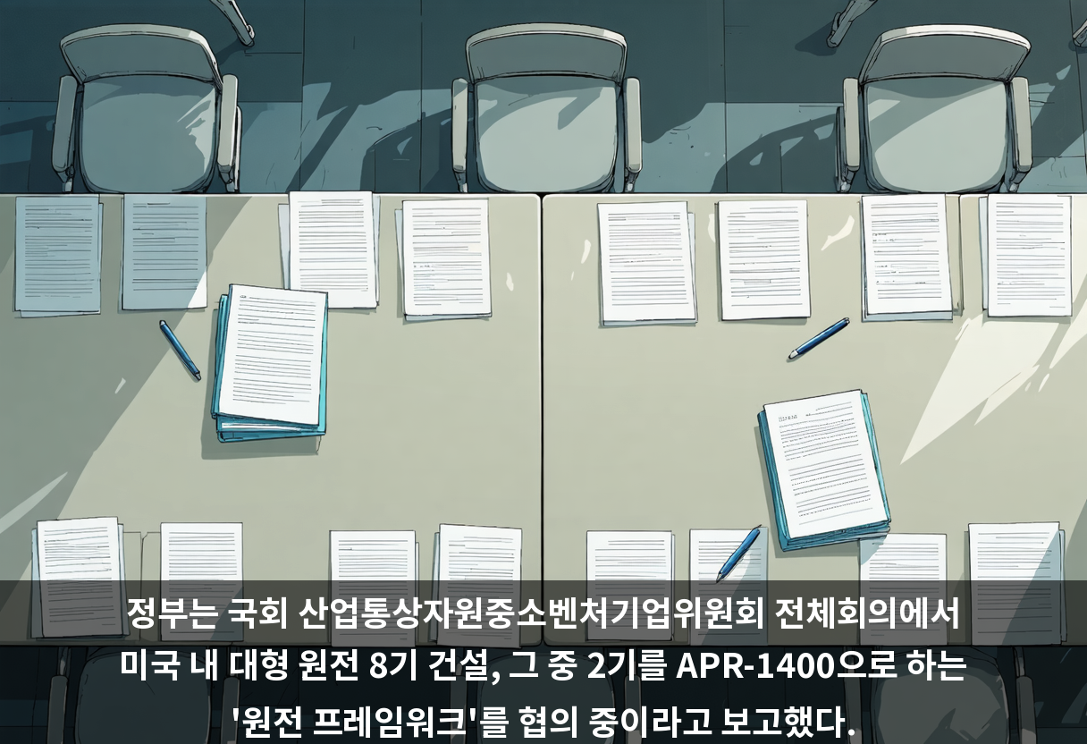 정부는 국회 산업통상자원중소벤처기업위원회 전체회의에서 미국 내 대형 원전 8기 건설, 그 중 2기를 APR-1400으로 하는 '원전 프레임워크'를 협의 중이라고 보고했다.