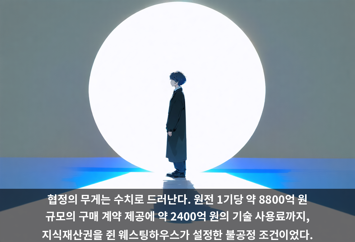 협정의 무게는 수치로 드러난다. 원전 1기당 약 8800억 원 규모의 구매 계약 제공에 약 2400억 원의 기술 사용료까지, 지식재산권을 쥔 웨스팅하우스가 설정한 불공정 조건이었다.