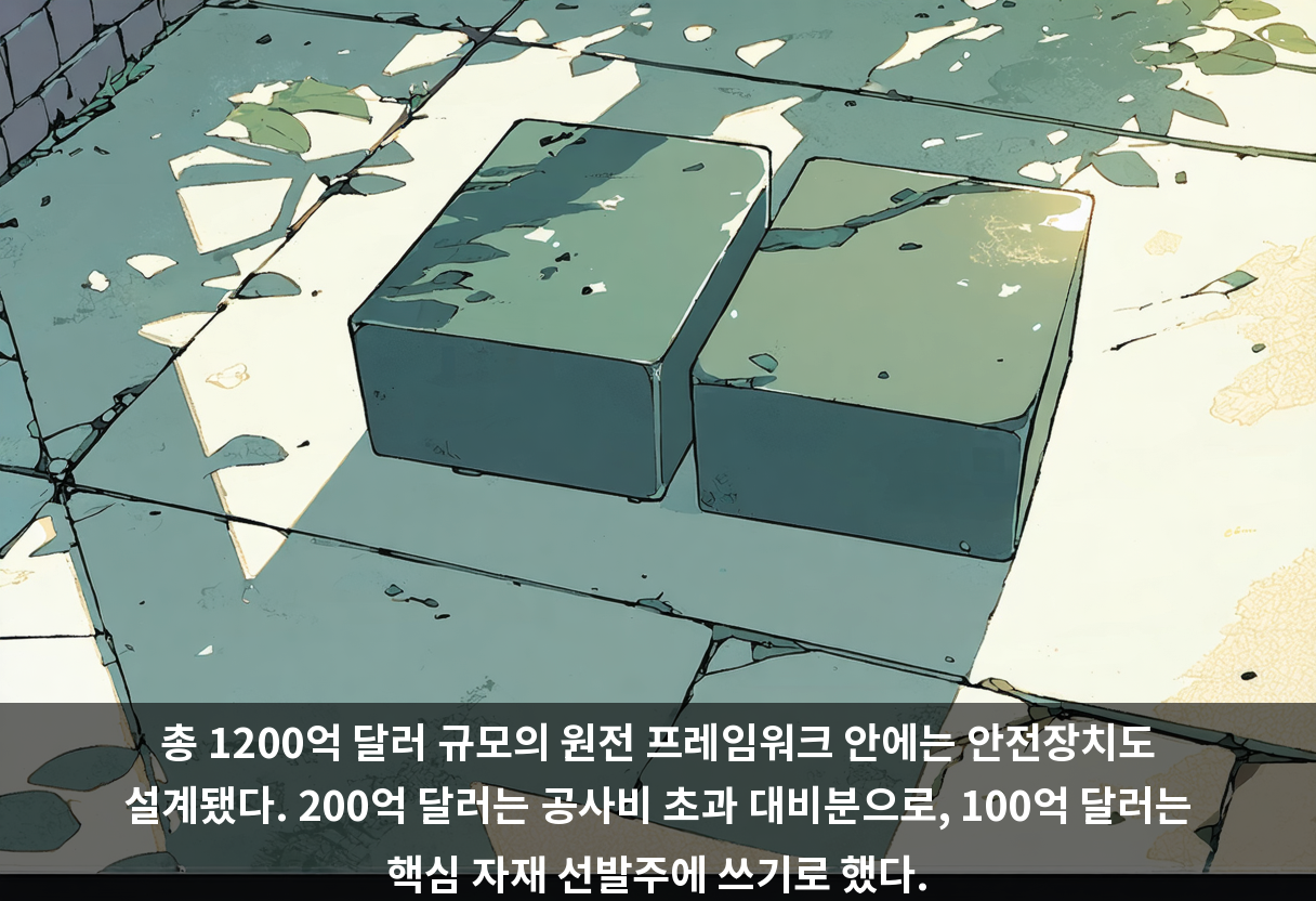 총 1200억 달러 규모의 원전 프레임워크 안에는 안전장치도 설계됐다. 200억 달러는 공사비 초과 대비분으로, 100억 달러는 핵심 자재 선발주에 쓰기로 했다.
