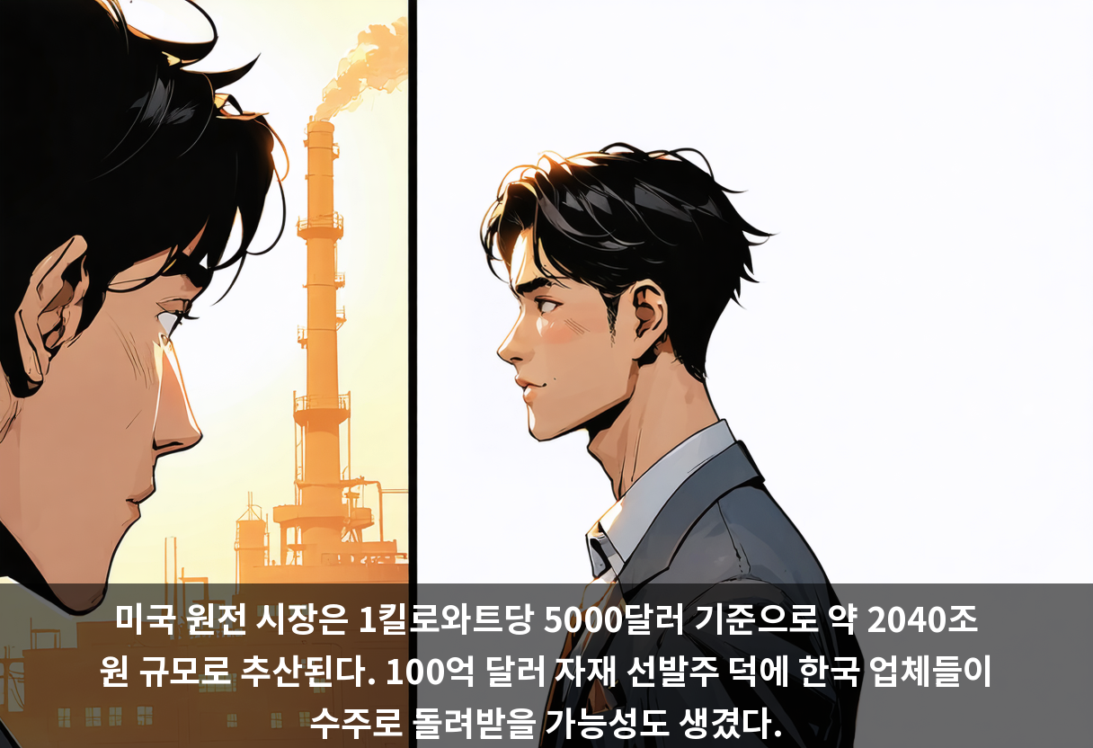 미국 원전 시장은 1킬로와트당 5000달러 기준으로 약 2040조 원 규모로 추산된다. 100억 달러 자재 선발주 덕에 한국 업체들이 수주로 돌려받을 가능성도 생겼다.