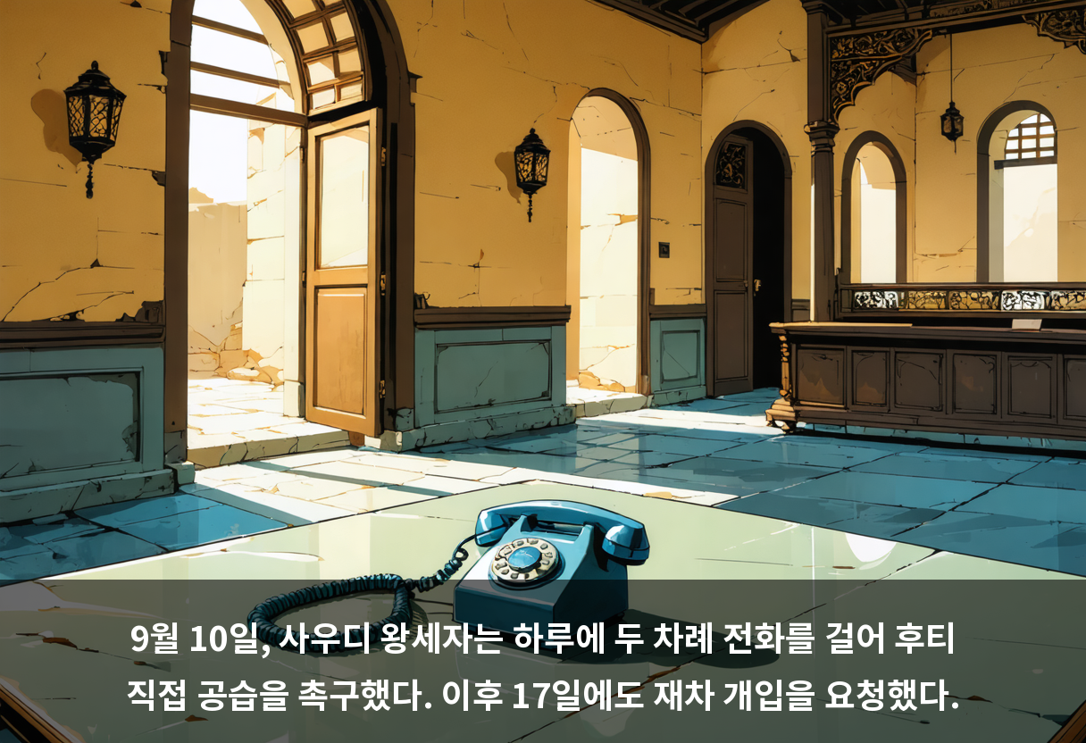 9월 10일, 사우디 왕세자는 하루에 두 차례 전화를 걸어 후티 직접 공습을 촉구했다. 이후 17일에도 재차 개입을 요청했다.