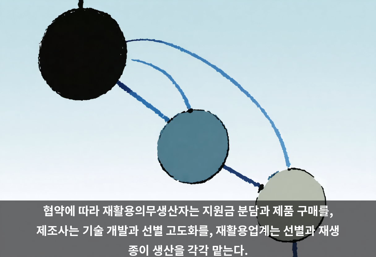 협약에 따라 재활용의무생산자는 지원금 분담과 제품 구매를, 제조사는 기술 개발과 선별 고도화를, 재활용업계는 선별과 재생 종이 생산을 각각 맡는다.
