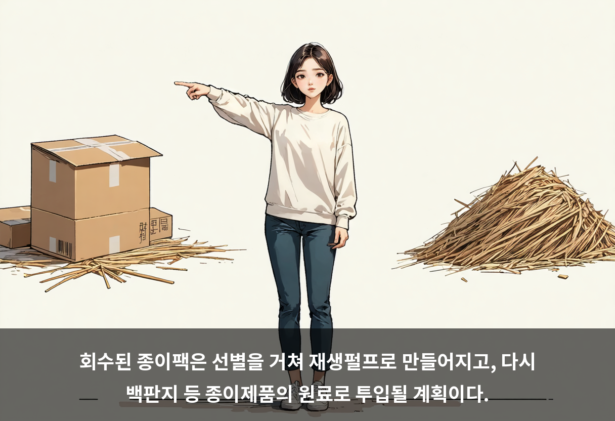 회수된 종이팩은 선별을 거쳐 재생펄프로 만들어지고, 다시 백판지 등 종이제품의 원료로 투입될 계획이다.