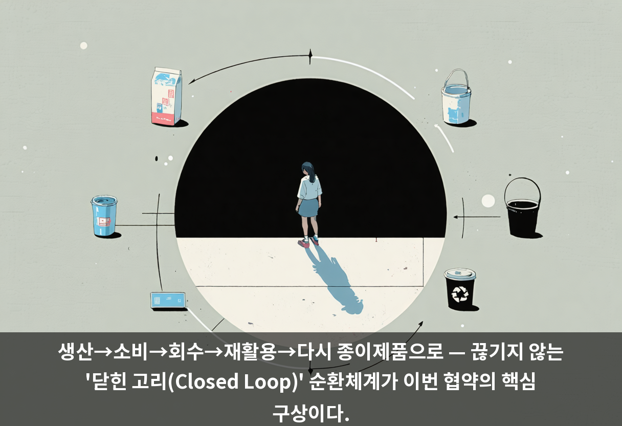 생산→소비→회수→재활용→다시 종이제품으로 — 끊기지 않는 '닫힌 고리(Closed Loop)' 순환체계가 이번 협약의 핵심 구상이다.