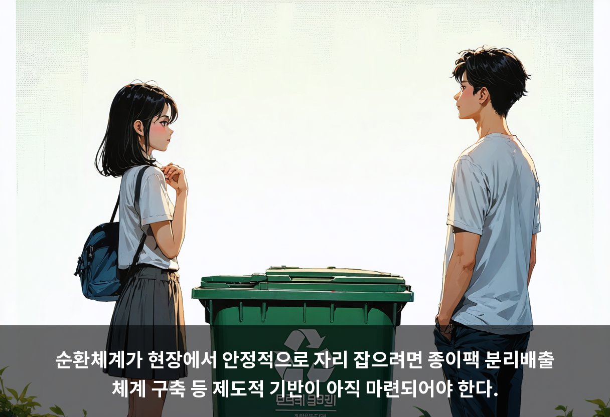 순환체계가 현장에서 안정적으로 자리 잡으려면 종이팩 분리배출 체계 구축 등 제도적 기반이 아직 마련되어야 한다.