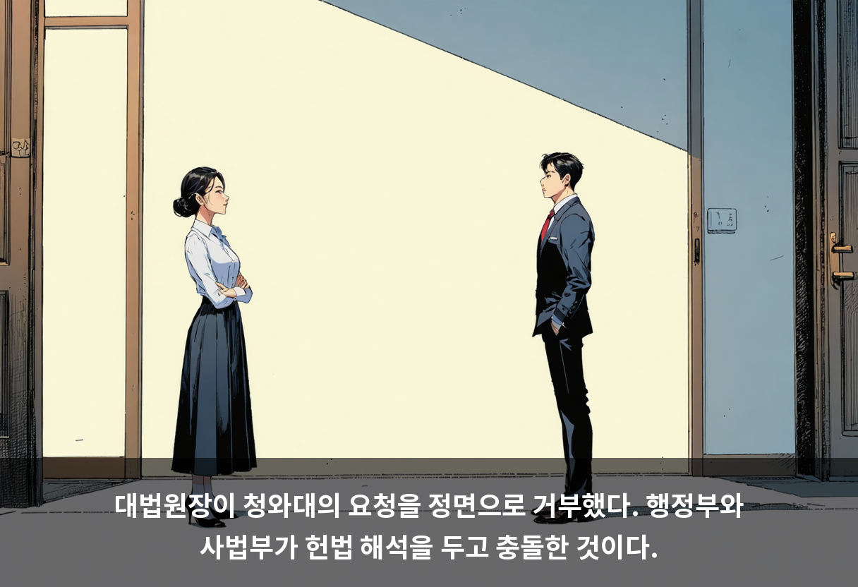 대법원장이 청와대의 요청을 정면으로 거부했다. 행정부와 사법부가 헌법 해석을 두고 충돌한 것이다.