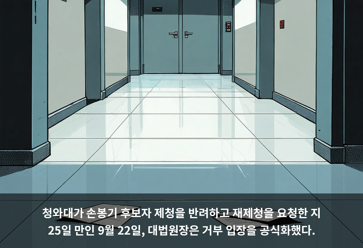 청와대가 손봉기 후보자 제청을 반려하고 재제청을 요청한 지 25일 만인 9월 22일, 대법원장은 거부 입장을 공식화했다.