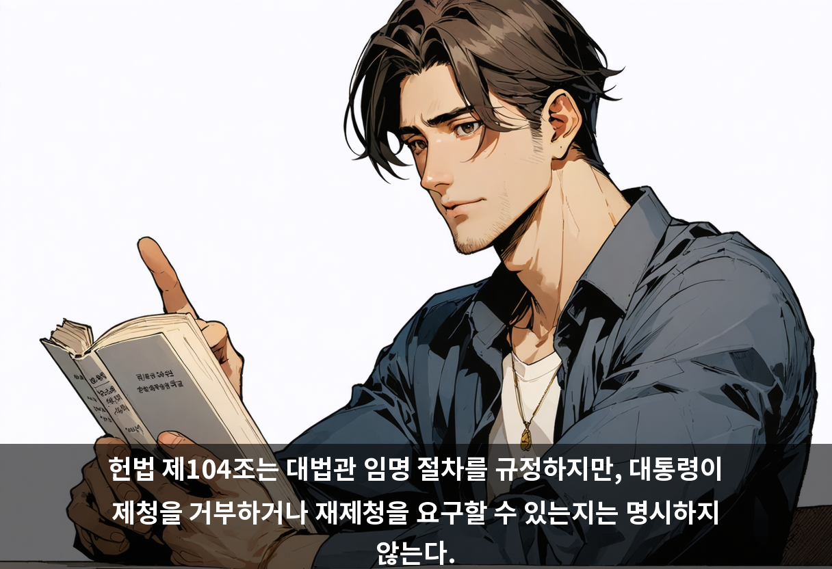 헌법 제104조는 대법관 임명 절차를 규정하지만, 대통령이 제청을 거부하거나 재제청을 요구할 수 있는지는 명시하지 않는다.