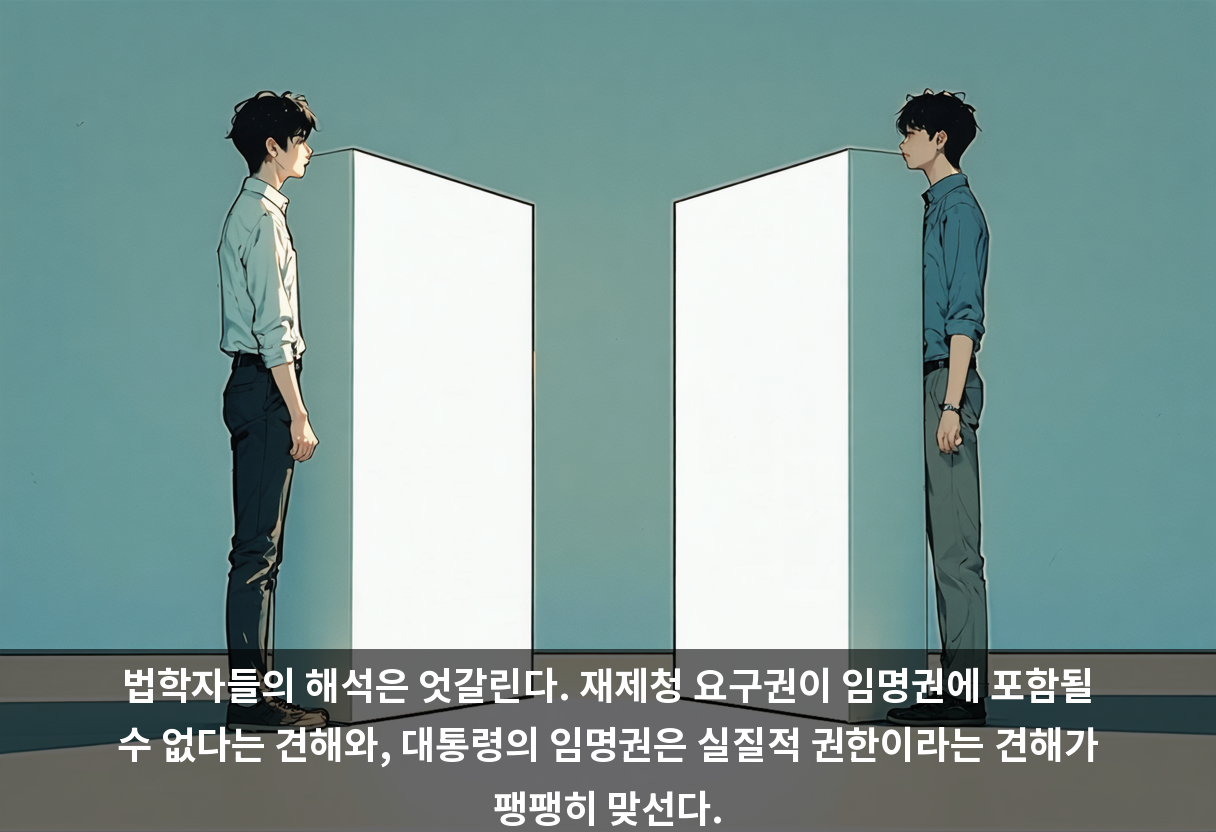 법학자들의 해석은 엇갈린다. 재제청 요구권이 임명권에 포함될 수 없다는 견해와, 대통령의 임명권은 실질적 권한이라는 견해가 팽팽히 맞선다.