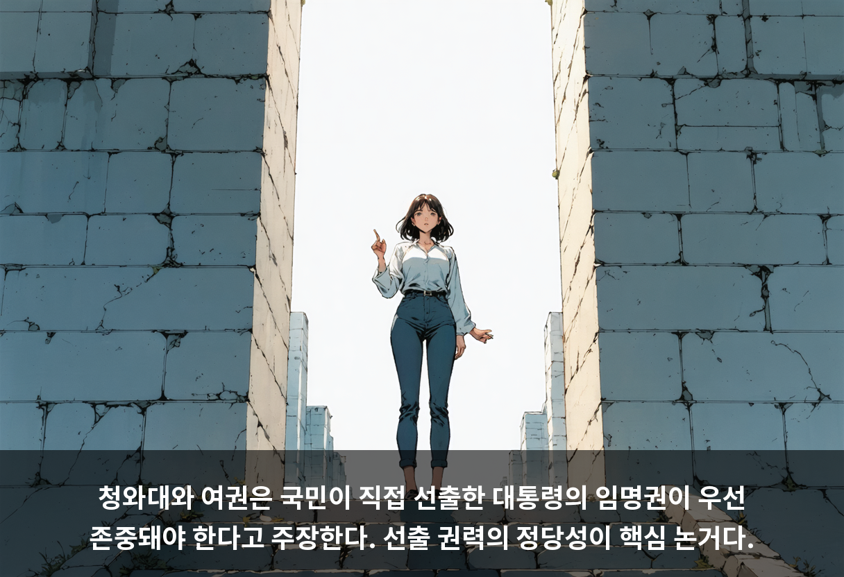 청와대와 여권은 국민이 직접 선출한 대통령의 임명권이 우선 존중돼야 한다고 주장한다. 선출 권력의 정당성이 핵심 논거다.